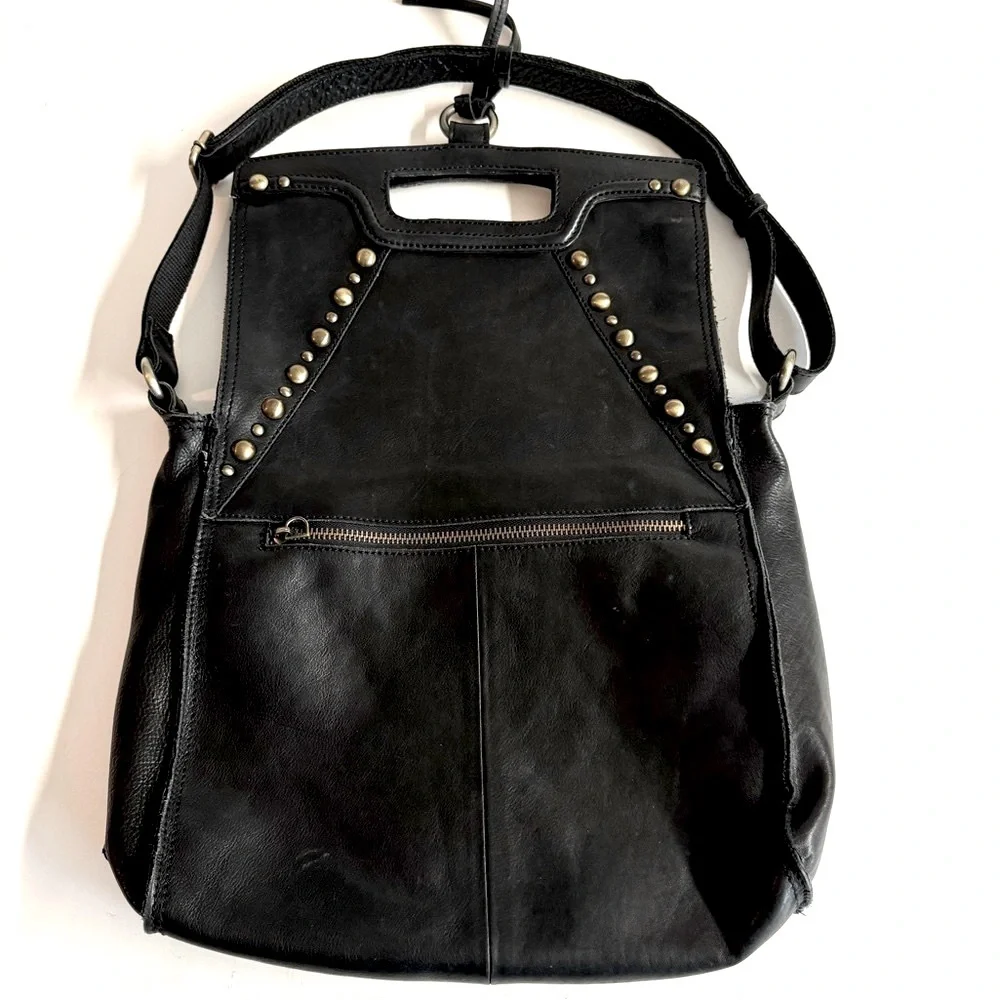 Lucky Brand Abbey fold over black leather studded messenger bag.Very Clean.